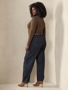 Almost a denim trouser, this high-rise barrel-leg jean is casual enough for archived t-shirts longing for a place in the sun.  Ours has a freeing shape that pairs equally well with more elevated sweater designs.  BARREL LEG: Also known as Balloon Leg Barrel Jeans Plus Size, Tan Sweater Outfit Fall, Tan Sweater Outfit, Sweater Designs, A Place In The Sun, Barrel Jeans, Sweater Outfits Fall, Tan Sweater, Denim Trousers