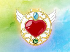 a heart with wings and jewels in the center is surrounded by watercolor paint on a green background