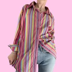 Vintage 90s Multicolor Striped Button Up Blouse Shirt  Button closure with long sleeves. Great condition  Brand - George Woman  Tag size - XL/4X? Seen on size Small Measurements (laying flat) Chest - 26.5 in Length - 28 in Sleeve - 24 in  #fairygrunge #whimsygoth #stripedblouse #cottagecore #babydollshirt 90s Style Long Sleeve Summer Shirt, Multicolor Long Sleeve Shirt With Buttons, Oversized Long Sleeve Retro Shirt, 90s Long Sleeve Summer Shirt, 90s Style Long Sleeve Shirt With Button Closure, Multicolor Long Sleeve Shirt With Button Closure, Retro Pink Shirt With Buttons, Retro Oversized Multicolor Shirt, Retro Pink Long Sleeve Shirt