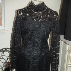 Absolutely Stunning Black Lace Dress Saks Purchase, Never Worn Brand New With Tags Size 10 Alencon Lace, Fully Lined, Zip Back Comes Just Above The Knee From A Smoke Free Home Fitted Long Sleeve Dressy Evening Dress, Dressy Long Sleeve Fitted Evening Dress, Elegant Stretch Lace Evening Dress, Chic Fitted Lace Dress For Wedding, Fitted Lace Party Dress, Chic Fitted Lace Wedding Dress, Bodycon Long Sleeve Evening Dress For Dinner, Bodycon Evening Dress With Long Sleeves For Dinner, Long Sleeve Bodycon Evening Dress For Dinner