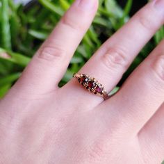 Vintage Solid 9K Gold Genuine Garnet Ring, size 7.5. British hallmarks Birmingham 1988, marked KA. Will come with a box but not necessarily the one pictured. Stunning piece.  . . . rings 9ct ct yellow gold carat twist baguette dainty tiny wedding band engagement croissant garnets triplet three stone stones  GKW Tiny Wedding, Marquise Ring, Garnet Ring, Garnet Rings, Diamond Cluster, Ring Size 7, Three Stone, Birmingham, One Pic