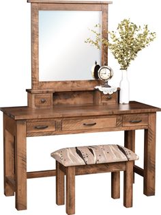 a wooden dressing table with mirror, stool and clock on it's shelf next to a vase filled with flowers