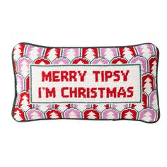 a red and white pillow with the words merry tipsy i'm christmas on it