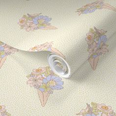 a wallpaper with flowers and polka dots on the background, it looks like an ice cream cone