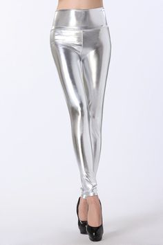 Club Leggings, Silver Leggings, Elastic Waist Leggings, Metallic Leggings, High Waist Leggings, Stretchy Leggings, Faux Leather Leggings, Leather Leggings, Leggings Fashion