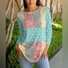 Aqua And Rose Floral Patchwork Jewel Collar Long Sleeve Tunic Size Large 12/14 Lily By Firmiana Pink Spliced Top For Fall, Pink Long Sleeve Tops With Lace Patchwork, Spring Pink Lace Patchwork Top, Pink Long Sleeve Top With Lace Patchwork, Multicolor Spliced Tops For Spring, Casual Pink Tops With Floral Patchwork, Spring Patterned Tops With Patchwork, Patterned Patchwork Tops For Spring, Pink Long Sleeve Tops With Floral Patchwork