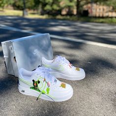 Custom Made Billie Eilish Air Force 1 Message Me Before Purchase Please To Confirm Availability On Size Price Can Be Negotiable Nike Air Force 1 High Billie Eilish, Air Jordan Blue, Nike Air Force 1 Shadow, Air Force 1 Shadow, Nike Classic Cortez, Nike Shoes Girls, Preppy Shoes, Nike Airforce 1, Custom Nike Shoes