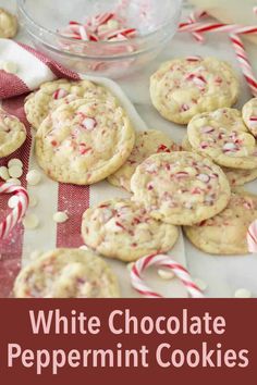 white chocolate peppermint cookies on a red and white tablecloth with candy canes