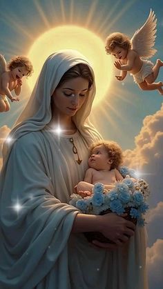 an image of the virgin mary holding a baby in her arms with angels around her