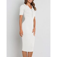 White Rib Button Lapel Collar Bodycon Dress Chic Knee-length Bodycon Dress With Button Closure, Knee-length Bodycon Dress With Button Closure, Elegant Spring Bodycon Dress With Buttons, Elegant Summer Bodycon Dress With Button Closure, Spring Bodycon Dress With Buttons, Summer Knee-length Bodycon Dress With Button Closure, Dresses Bodycon, Bodycon Dresses, Lapel Collar