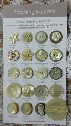 the brochure has many different buttons on it's back side, including one that says soothing neutrals