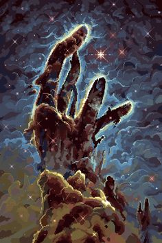 a painting of a hand reaching up into the air with stars in the sky above it