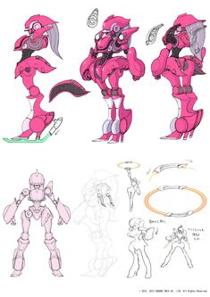 the concept art for an animated character in pink and grey colors, with different poses