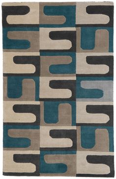 an area rug with various shapes and colors on the floor, including blue, grey, beige