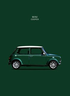 a green mini cooper parked in front of a green background