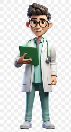 a cartoon doctor holding a clipboard and pointing to the side with his hand on it