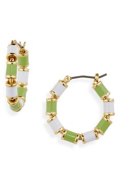 Vibrant enamel beads encircle stylish huggie hoop earrings that will add a pop of color to any ensemble. Enamel/goldtone plate Imported Madewell Jewelry, Beaded Necklace Diy, Enamel Beads, Fabric Gift Bags, Huggie Hoop Earrings, Honeydew, Keep Jewelry, Fabric Gifts, Diy Necklace