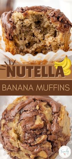 nutella banana muffins with chocolate frosting in the middle and one cut in half