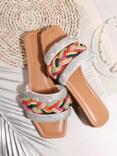 Upgrade your summer shoe collection with our Chic and Comfortable Glitter Colorful Flat Sandals for Women. Made with a shimmering glitter design, these sandals add a touch of glam to any outfit. The flat sole provides all-day comfort, making these the perfect choice for any occasion. Color : Brown Style : Vacation Toe : Open Toe Details : Braid Upper Material : PU Leather Lining Material : Fabric Insole Material : PU Leather Outsole Material : TPR Size Ball Girth Foot Length US5.5 20.7 22.6 US6 Beach Sandals With Rhinestones And Flat Heel, Rhinestone Flat Flip Flops For Beach, Flat Heel Sandals With Rhinestones For Beach, Flat Rhinestone Flip Flops For Beach, Rhinestone Beach Flip Flops, Flat Rhinestone Sandals For Summer, Synthetic Sandals For Party And Beach Season, Beach Season Party Flip Flops With Flat Heel, Spring Rhinestone Flip Flops With Round Toe