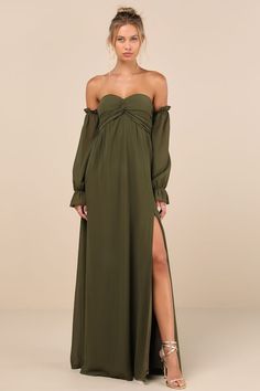 Glorious Invite Olive Green Knotted Off-the-Shoulder Maxi Dress Fitted Off-shoulder Maxi Dress For Brunch, Off-shoulder Dress With Fitted Bodice For Brunch, Off Shoulder Long Sleeve Ruched Dress For Date Night, Long Sleeve Ruched Off Shoulder Dress For Date Night, Date Night Long Sleeve Ruched Off-shoulder Dress, Off-shoulder Ruched Maxi Dress For Date Night, Green Ruched Off-shoulder Maxi Dress, Fitted Off-shoulder Dress For Casual Wear, Fitted Long Sleeve Off Shoulder Dress For Brunch