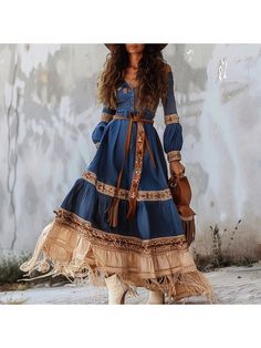 Women Elegant Dresses, Women's Gypsy Stitching Bohemian Dress Blue Bohemian Maxi Dress For Fall, Fall Hippie Boho Maxi Dress, Fall Bohemian Boho Dress For Vacation, Fall Bohemian Boho Print Dress, Bohemian Long Sleeve Patchwork Dresses, Blue Bohemian Dress For Fall, Bohemian Patchwork Dresses For Fall, Fall Boho Hippie Dress With Boho Print, Fall Festival Bohemian Boho Dress