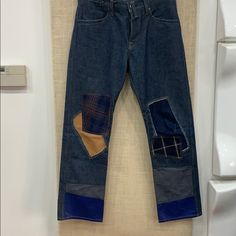 Multi Panel Fabric Patchwork Jeans By Junya Watanabe Worn Once And Still Dark Denim. Size Small Fits 28 To 32” Waist. Made In Japan Commedesgarcons. Yohjiyamamoto. Japan. Undercover. Sacai. Kapital. Visvim. Rrl. Misterfreedom. N.Hoolywood. Indigo. Fabric Patchwork, Patchwork Jeans, Junya Watanabe, Jeans Color, Dark Denim, Colored Jeans, Blue Brown, Made In Japan, Mens Jeans