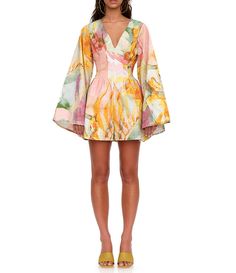 Andrea Iyamah Pana Abstract Print Deep V-Neck Long Flared Bell Sleeve Romper | Dillard's Abstract Print Fashion, Corset Romper, Pink Playsuit, Andrea Iyamah, Cotton Corset, Romper Designs, Bell Sleeve Romper, Deep V Neck Dress, Contemporary Dresses