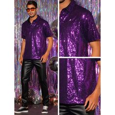 The solid color shiny sequin polo tee is eye-catching and stylish, which makes you stand out from the crowd. Sparkle polo can be matched with metallic leather pants, vests, and blazers to build a charming look. Suitable for many occasions, such as party, stage performance, hip hop, dance, disco, club, shows, dinner gathering, etc. Fall Party T-shirt With Sequins, Purple Short Sleeve Party T-shirt, Purple Short Sleeve T-shirt For Party, Party Short Sleeve Shirt, Party Season Short Sleeve Shirt, Holiday Party T-shirt With Short Sleeves, Fitted Sequined T-shirt For Party Season, Purple Party Shirt For Summer, Collared Shirt For Fall Party