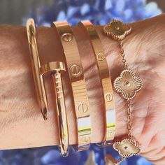 4 Rose Gold Bracelets Stainless Steel Non Tarnishing Hypoallergenic Can Be Worn Everyday Without Tarnishing Water Resistant 7.5 On Bangles. Maximalist Bracelet Stack, Gold Watch And Bracelet Stack, Rose Gold Bracelets, Candy Fashion, Dream Wishlist, Gold Bracelets Stacked, Jewelry Stacking, Stacked Bracelets, Fav Products