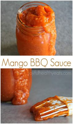 the recipe for mango bbq sauce is in a mason jar and next to a cracker