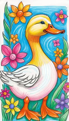 Drwng Ideas Color, Easy Cartoon Drawings, Cat Drawings, Easy Drawing, Cute Easy Drawings, Color Pencil Art, Art Drawings For Kids, Bird Drawings, Flower Art Painting