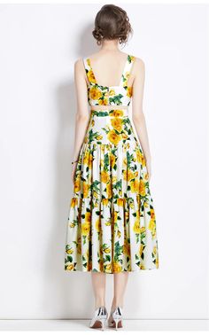 Oftentimes, a dress comes along that perfectly captures the essence of summer, and this sunflower-print dress does just that. The vibrant yellow blooms set against a fresh white background evoke sunny days spent outdoors. This dress features a sleeveless design and a fitted bodice that flares into a playful, tiered skirt, making it ideal for twirling on a dance floor or strolling through a weekend market. The lightweight fabric ensures breathability and comfort, while the overall design flatters Classic Summer Wardrobe, Cheerful Aesthetic, All Things Bright And Beautiful, Weekend Market, Brunch Dates, Sunflower Dress, Black Dress With Sleeves, Outdoor Weddings, Flowing Skirt