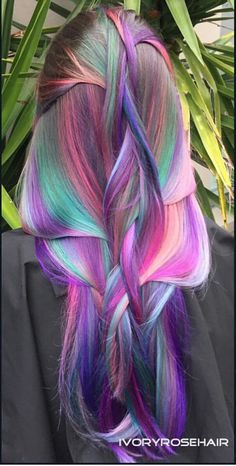 Purple electric dyed hair color Purple And Rainbow Hair, Yellow To Purple Hair, Rainbow Purple Hair, Purple Hair With Rainbow Highlights, Electric Blue And Purple Hair, Long Purple Hair, Hair Color Crazy, Hair Streaks, Pinterest Hair