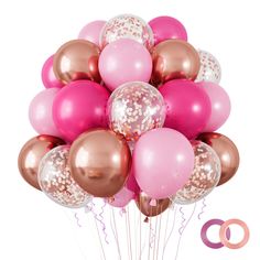 a bunch of pink and gold balloons with confetti on the bottom one balloon