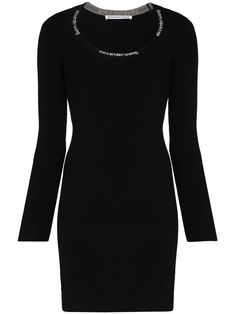 Black logo-trim bodycon mini dress from ALEXANDER WANG featuring logo print at the neckline, scoop neck, long sleeves, stretch-design, straight hem, above-knee length and fitted silhouette. | Alexander Wang Logo-Trim Bodycon Mini Dress Fitted Mini Dress, Vestido Casual, Fitted Silhouette, Black Logo, Bodycon Mini Dress, Mini Black Dress, Alexander Wang, Logo Print, Day Dresses