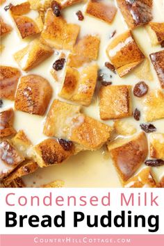 a close up of bread pudding with milk and raisins on top, text reads condenseed milk bread pudding