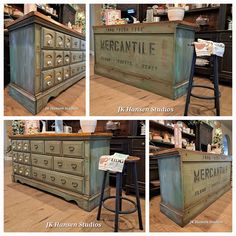 four different views of an old dresser with the words merantie painted on it