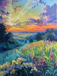 an oil painting of flowers in a field at sunset