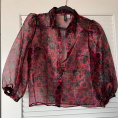 Black And Pink Floral Sheer Button Down Blouse. Never Worn. Chic Pink Blouse With Buttons, Pink Button-up Blouse For Party, Trendy Button-up Blouse By H&m, Trendy Button-up H&m Blouse, Trendy Button-up Blouse From H&m, H&m Long Sleeve Blouse With Buttons, H&m Button-up Blouse With Button Closure, Fitted H&m Shirt With Buttons, H&m Fitted Button Shirt