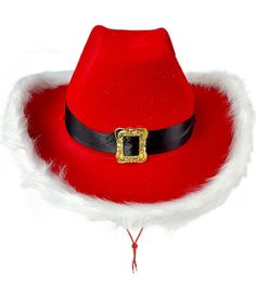 Red Cowboy hat with black and gold buckle and white fur trim . Hat also lights up Red Cowboy Hat, Chapeau Cowboy, White Fur, Cow Boy, Cowboy Hat, Fur Trim, Black And Gold, Cowboy Hats, Caps Hats