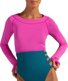 Fit & Design Long sleeve crop top Great for layering over tank top or swimsuit Wide neck Elongated long sleeves offer hand protection Fabric is lightweight, soft, breathable, and shrink resistant 4-way stretch lets you move without restriction Flat seams Packable design BloqUV® logo at center back neck Technology BloqTek™ fabric has inherent UPF 50+ protection that doesn’t wash out; sunscreen needed only on exposed areas Moisture-wicking and quick-drying properties keep you comfortable Fabric co Fitted Rash Guard With Upf 50+ For Spring, Fitted Long Sleeve Rash Guard For Spring, Spring Fitted Long Sleeve Rash Guard, Stretch Long Sleeve Tops For Beach Season, Long Sleeve Rash Guard For Beach Sports, Casual Long Sleeve High Stretch Swimwear, Fitted Long Sleeve Tops For Beach, Fitted Long Sleeve Tops For The Beach, Fitted Long Sleeve Beach Top