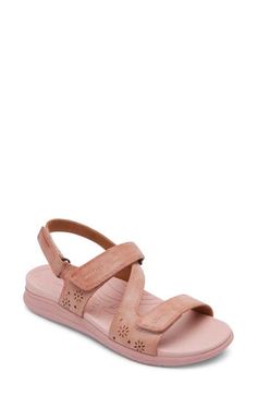 Floral perforations along the straps add a sweet flourish to a cushy, comfortable sandal that also provides built-in arch support. Flat sole Cushioned footbed with arch support Synthetic upper/textile lining/synthetic sole Imported Comfortable Sandals, Curator Style, Arch Support, Women's Shoes Sandals, Womens Sandals, Shoes Sandals, Fashion Shoes, Arch, Built In