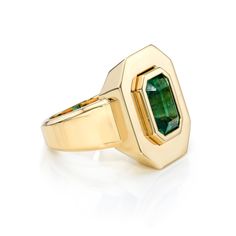 3.14ct GIA certified emerald cut green emerald bezel set in a handcrafted 18K yellow gold mounting. Classic Gold Ring With Tsavorite, Luxury Octagon Emerald Ring With Bezel Setting, 14k Gold Octagon Emerald Ring, Luxury Green Emerald Ring With Polished Finish, Luxury Green Emerald Ring With Bezel Setting, Luxury Emerald Ring In Yellow Gold, Luxury Emerald Ring With Rectangular Stone, Timeless Green Emerald Ring With Bezel Setting, Luxury Green Rectangular Stone Jewelry