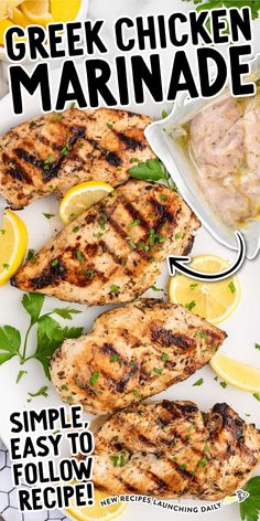 grilled chicken marinade on a plate with lemons and parsley