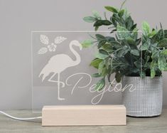 a potted plant sitting next to a glass block with the word pelican on it