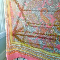 "Perfect size for a sarong/beach wrap, head scarf, or oversized neck scarf! 1960s large paisley scarf in light pastel palette. Approx 45\"x45\" No tags, feels like a soft fabric blend. Great condition!" Pink Bohemian Silk Scarf For The Beach, Bohemian Pink Silk Scarf For The Beach, Vintage Pink Silk Scarf For Spring, Pink Bohemian Headscarf For Spring, Pink Shawl Scarf For Beach, Vintage Pink Shawl Scarf, Pink Vintage Shawl Scarf, Vintage Pink Shawl Scarves, Spring Beach Pink Headscarf