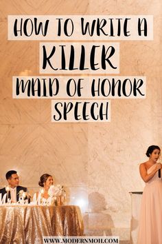 a man and woman sitting at a table with the words how to write a killer mind of honor speech