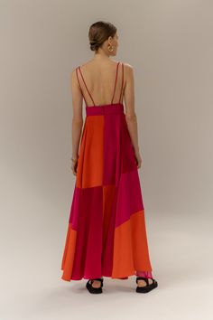 Patchwork a-line dress in heavy silk satin and silk crepe with double straps. Details include slit on wearer's left skirt, and silk chiffon lining. Wear it with Rebozo by Arturo Estrada. Raw Silk Dress, Silk Summer Dress, Dresses Western, Casual Couture, Rainbow Fashion, Silk Maxi Dress, Silk Crepe, Silk Chiffon, Satin Dresses