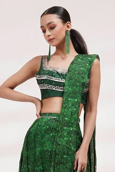 Green pre-draped dhoti saree with abstract print. Paired with a padded blouse with sequin embroidery. - Aza Fashions Bollywood Style Pre-draped Saree With Side Open Dupatta, Festive Draped Semi-stitched Choli, Bollywood Style Draped Art Silk Sets, Bollywood Style Draped Sharara With Mirror Work, Bollywood Draped Art Silk Sets, Bollywood Style Festive Saree With Side Open, Green Draped Sets With Dupatta, Bollywood Style Saree With Side Open For Festive Occasions, Festive Draped Art Silk Sets