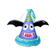 a blue party hat with a bat on it's side and eyes painted to look like a demon